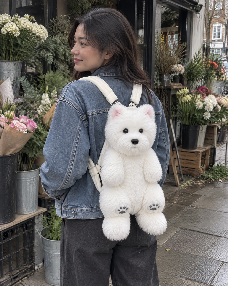 Westie | Plush backpack worn at a flower stall