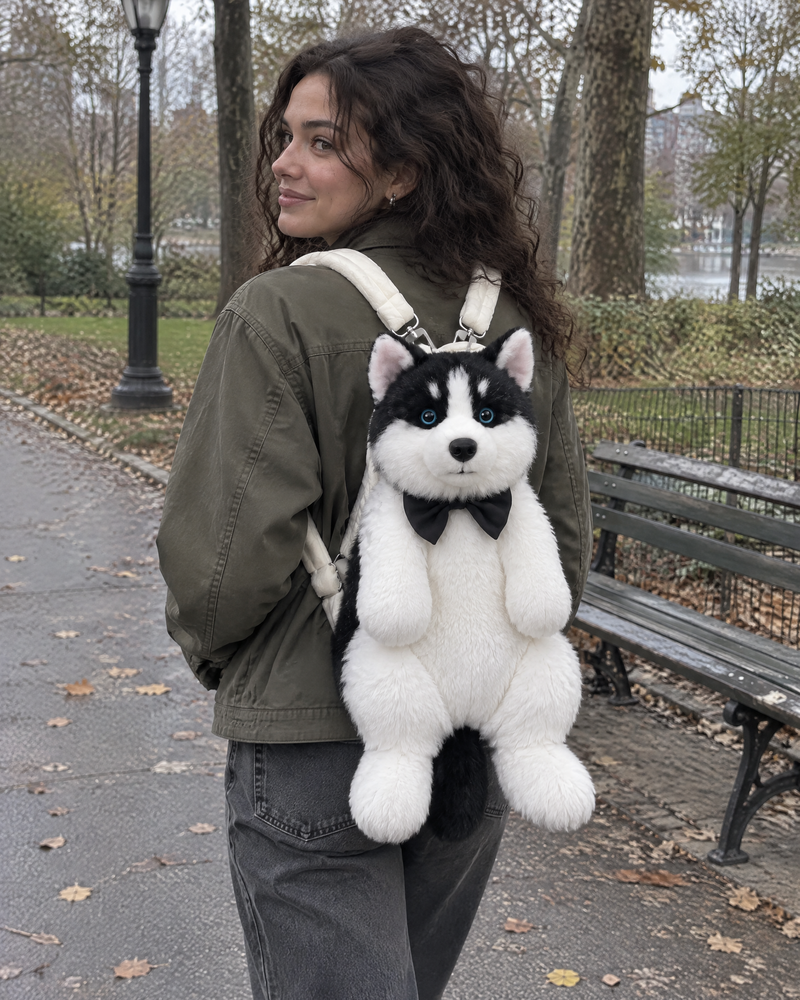 Husky | Plush backpack worn on a park walk