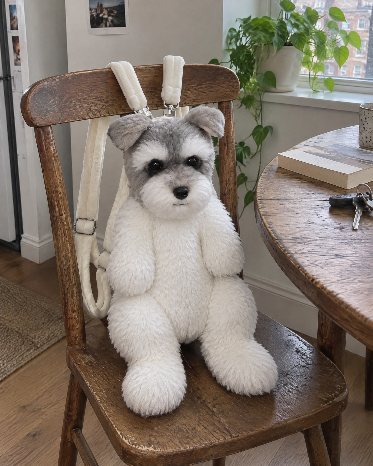 Schnauzer | Plush backpack resting on a wooden chair