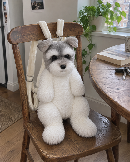Schnauzer | Plush backpack resting on a wooden chair