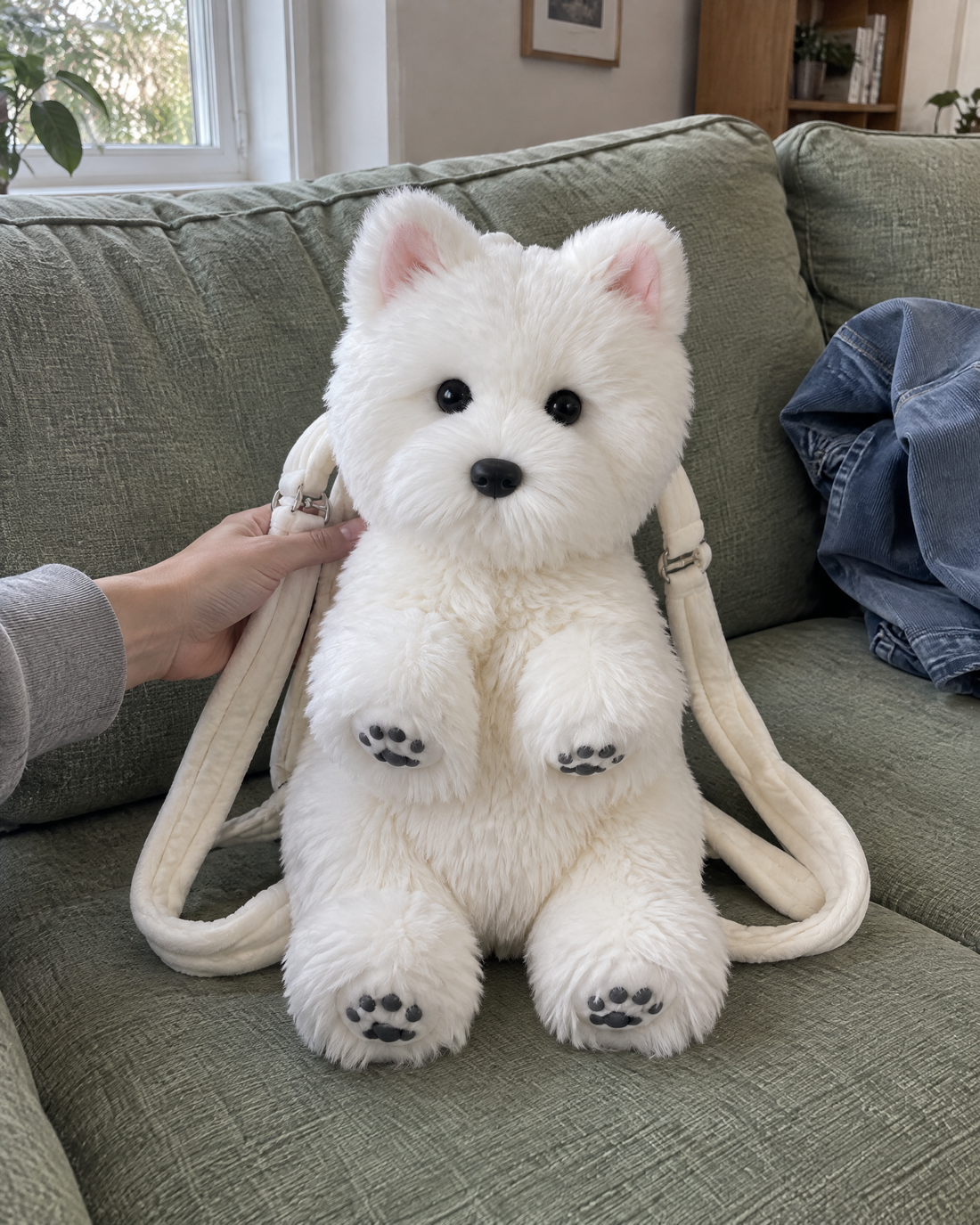 Westie | Plush backpack on a sofa in natural daylight
