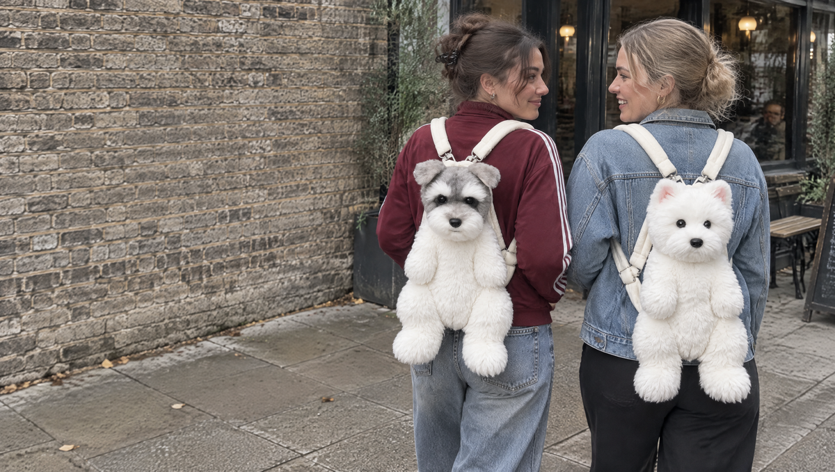 Two friends wearing Schnauzer and Westie plush backpacks