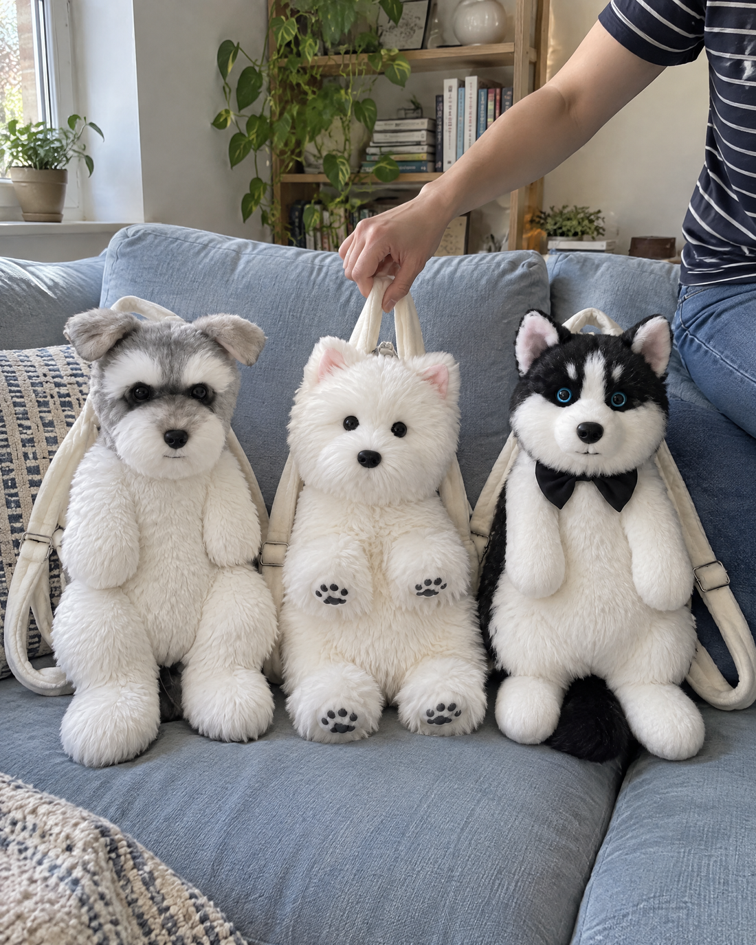 Three Pupmigo plush backpacks together at home